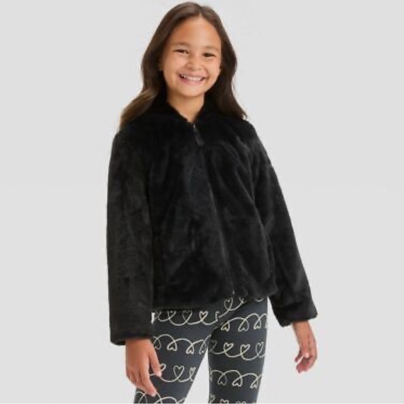 Cat & Jack Black Faux Fur Waist Length Girls Jacket w/hood Size L - Picture 7 of 9